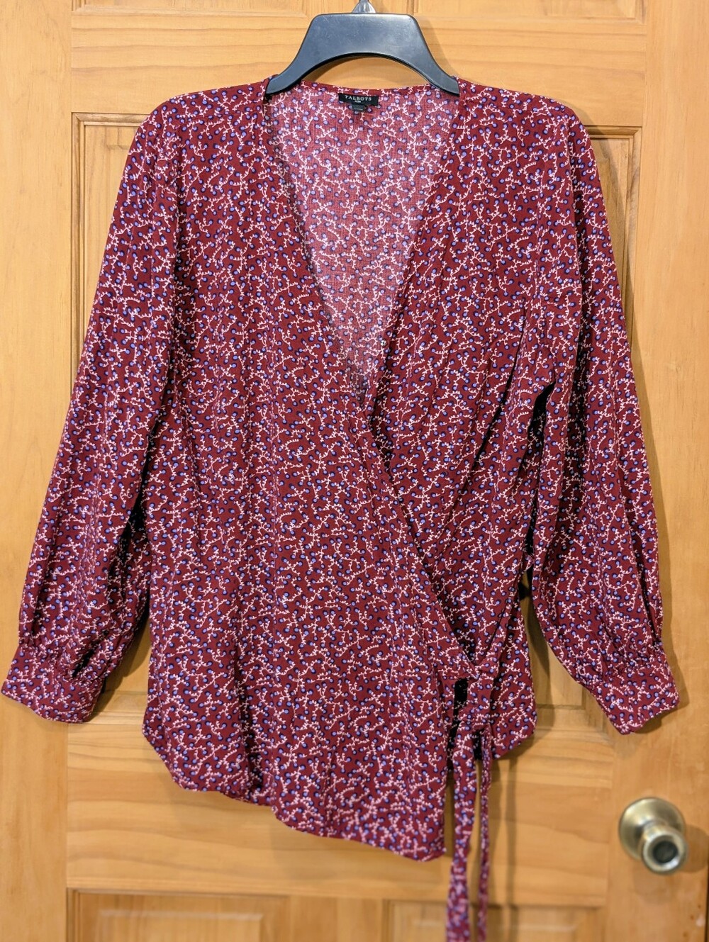 Talbots Wrap Top Blouse Poet Sleeve Curly Roses Burgundy Red Sz 1X Side Tie Boho